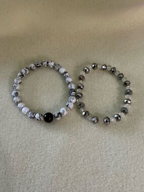 Marble Bead and Faceted Hematite Stretch Bracelet Set